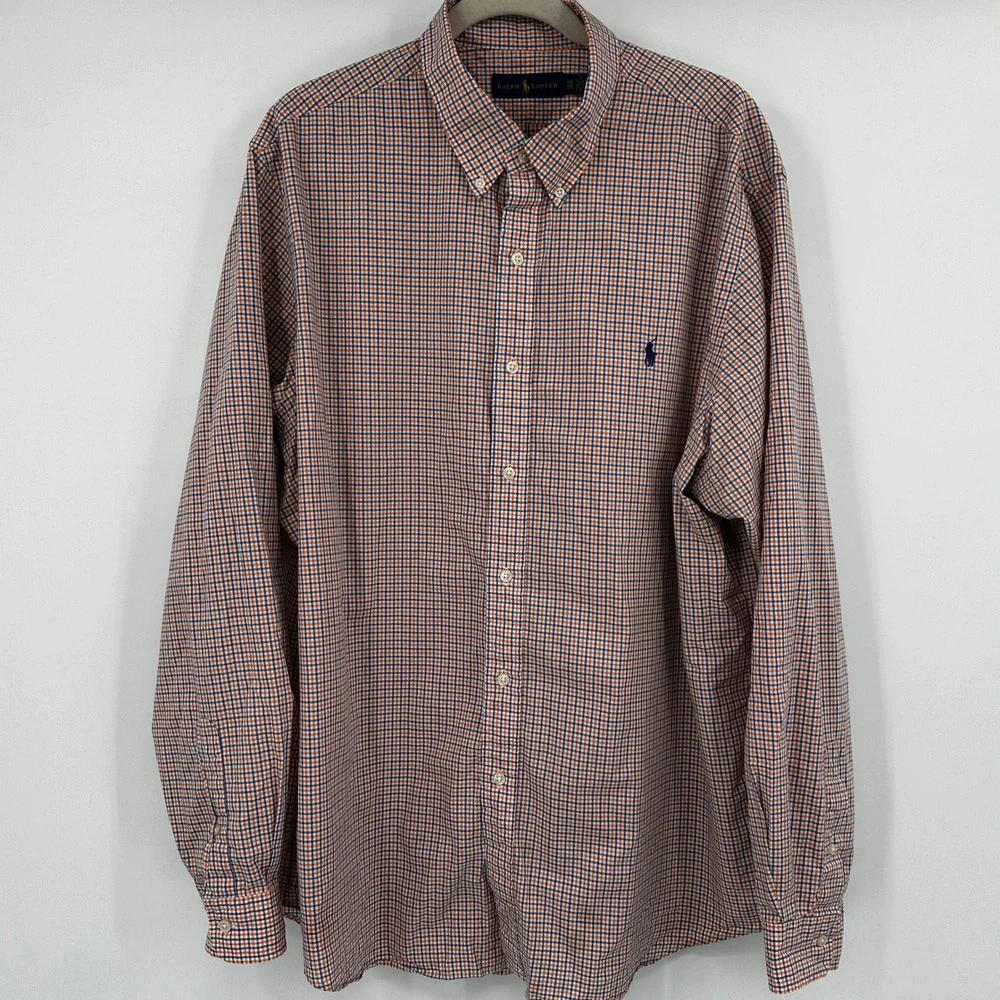 Polo Ralph Lauren Mens XXL Long Sleeve Button Down Dress Shirt Orange Blue Plaid